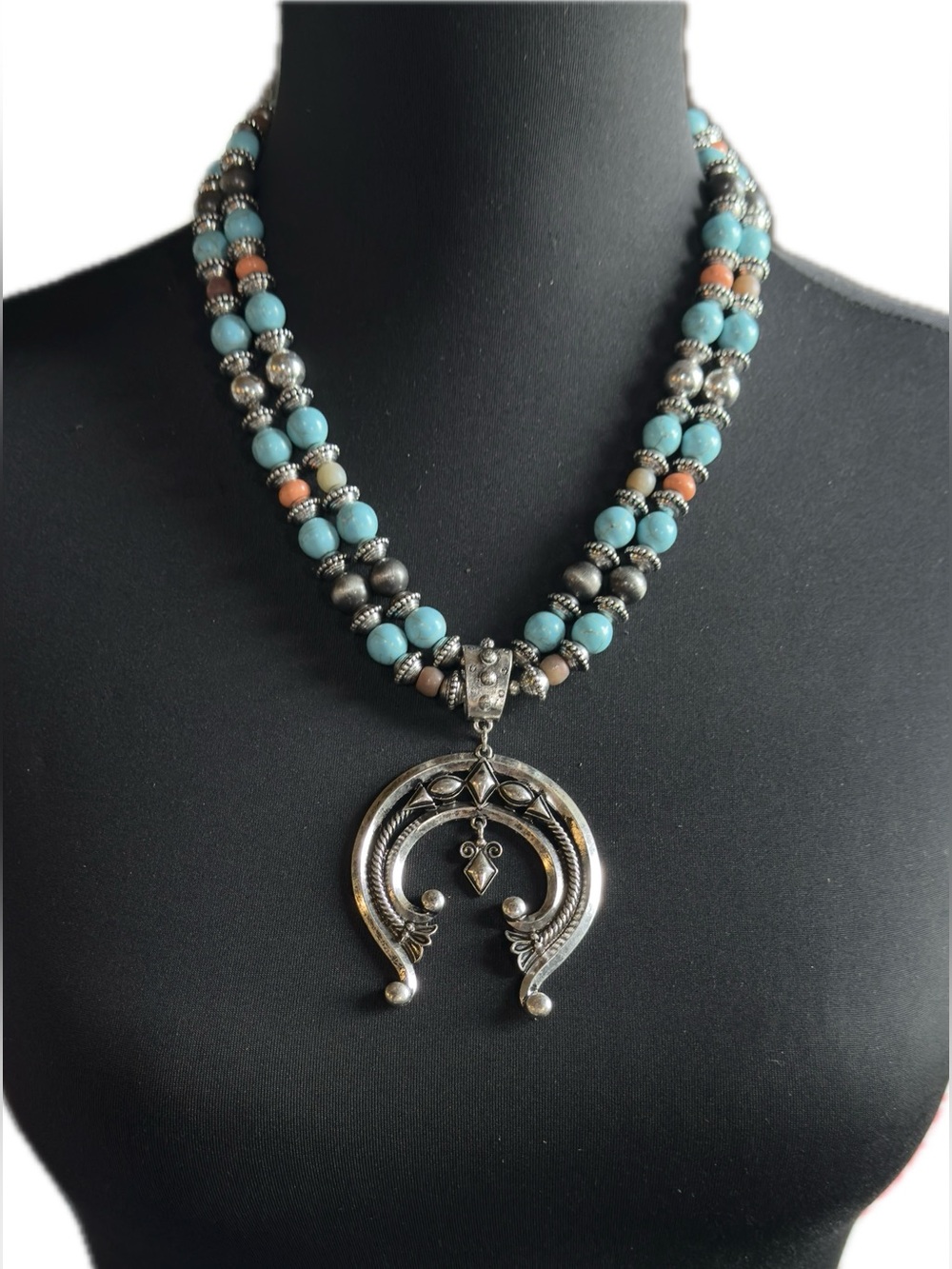 Shyanne Turquoise and Tan Double-Strand Beaded Necklace with Silver Pendant